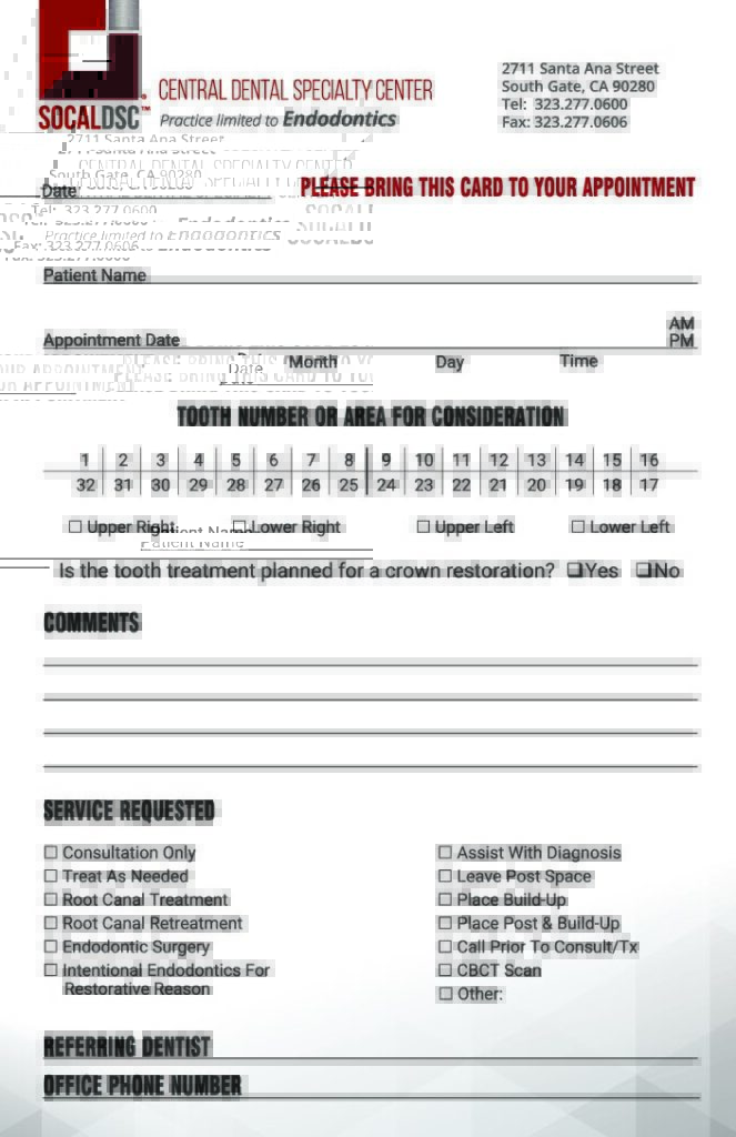 Endodontics referral form.