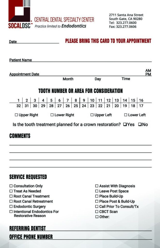 Endodontics referral form.